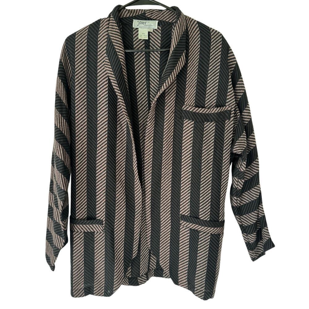 Pier Womens Wool Blazer Sz US 12 EU 42 Jacket Italy Black Tan Striped Long Open